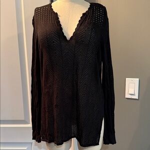 Kobi Halperin Hazel Black Pointelle Knit V-Neck Lightweight Sweater Large